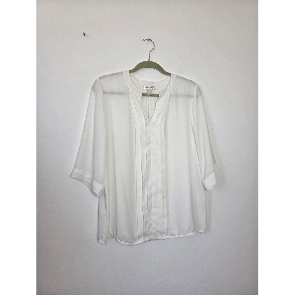 Dressbarn White Blouse ¾ Sleeve Sheer Pleated Office Formal Church Lightweight L